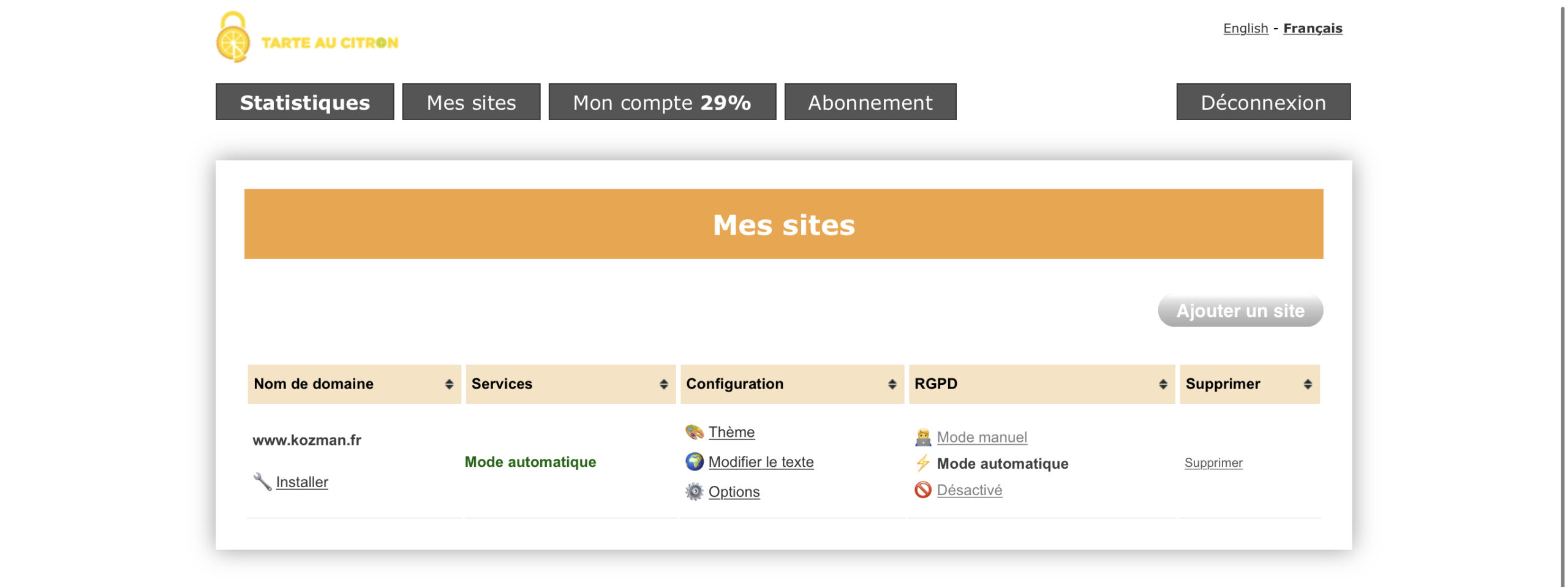 Tarte au citron - Cookies et et RGPD - Configuration - Kozman