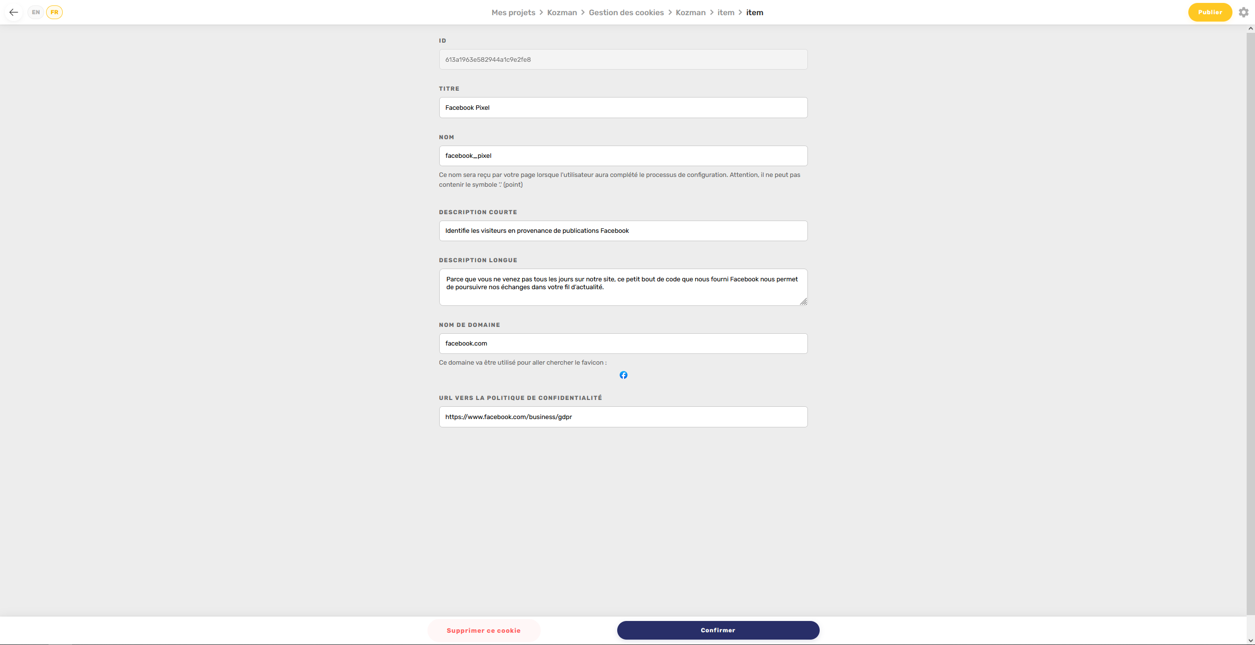 Configuration projet 7 - Exeptio - Cookies et RGPD - Kozman