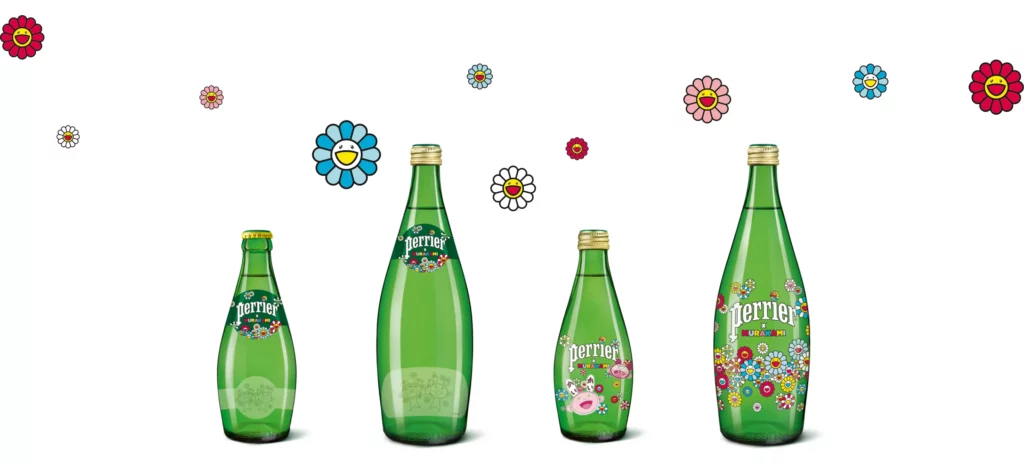Bouteilles Perrier en édition limitée dessinées par Takashi Murakami, fleurs souriantes multicolores