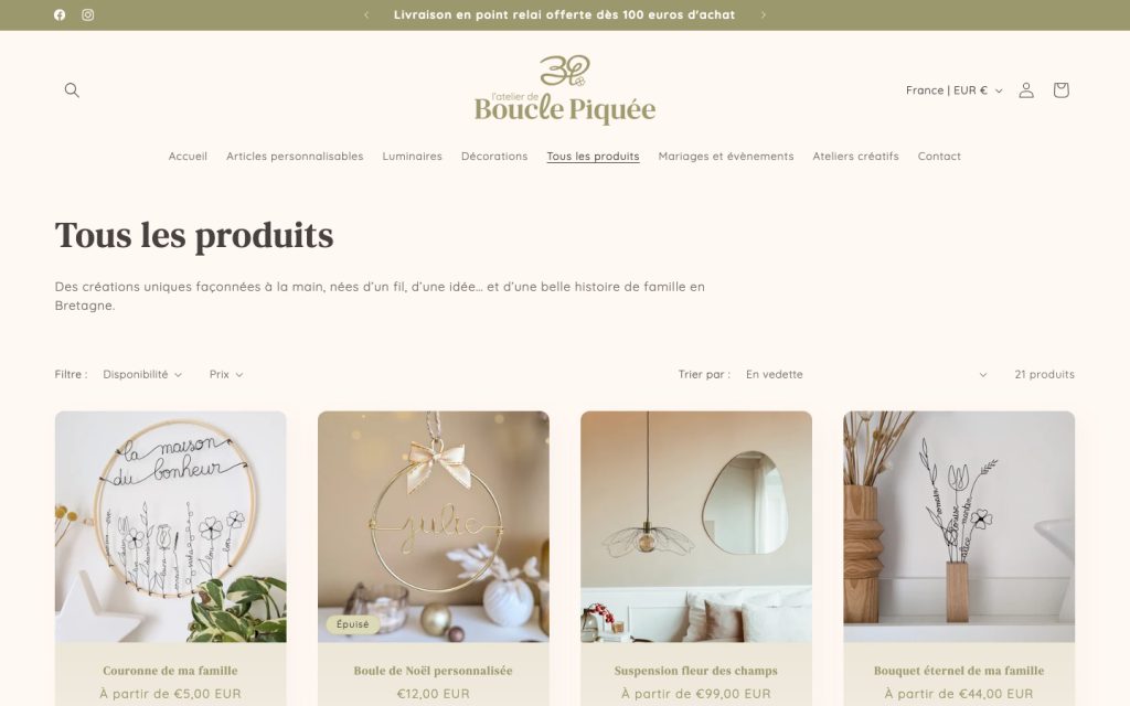 Les créations de Boucle Piquée dans la boutique Shopify