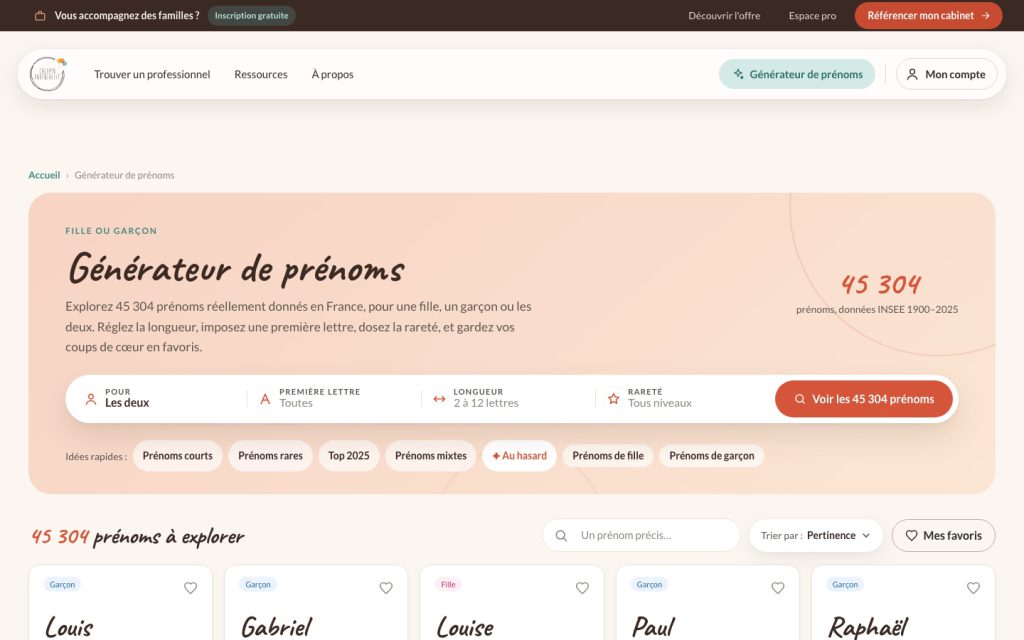 Le générateur de prénoms de Calepin Parentalité, fondé sur les données INSEE