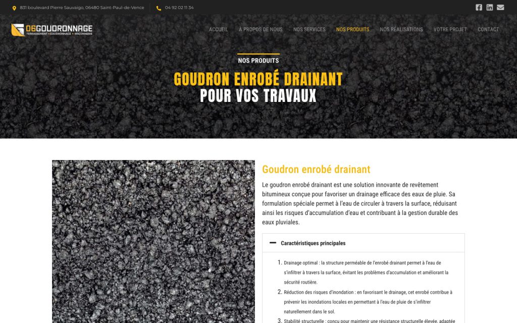 Une page produit du site 06 Goudronnage : enrobé drainant