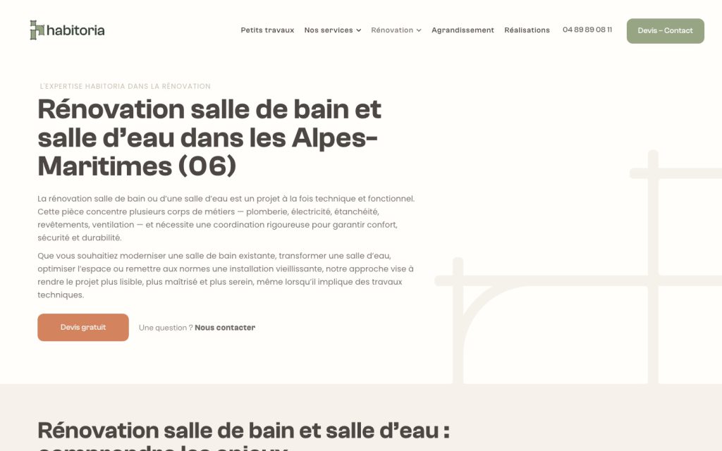 Une page prestation du site Habitoria : rénovation de salle de bain