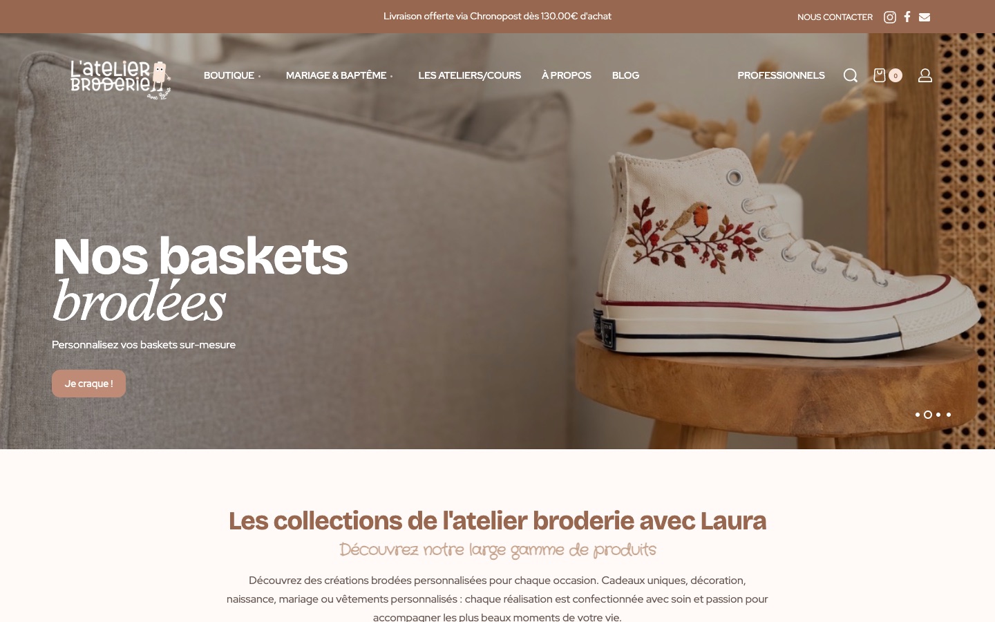 Page d'accueil du site L'atelier broderie avec Laura : une basket brodée d'un rouge-gorge