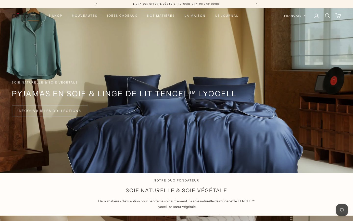 Page d'accueil de la boutique Maison Cétoile : du linge de lit en soie bleu nuit