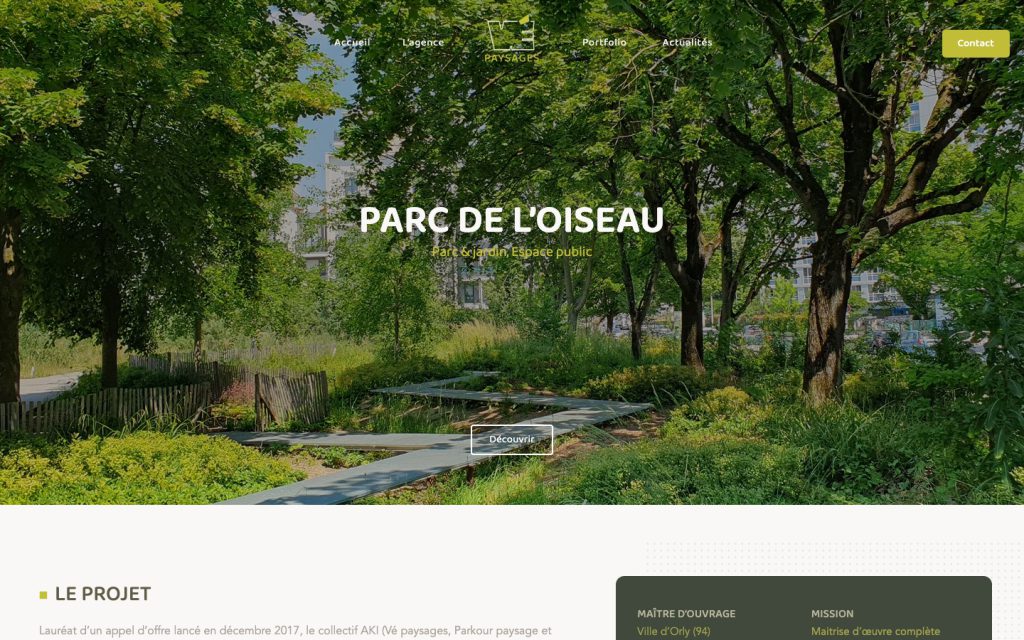Une page réalisation du site Vé paysages : le parc de l'Oiseau