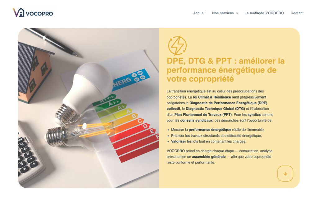Une page service du site Vocopro : DPE, DTG et plan pluriannuel de travaux