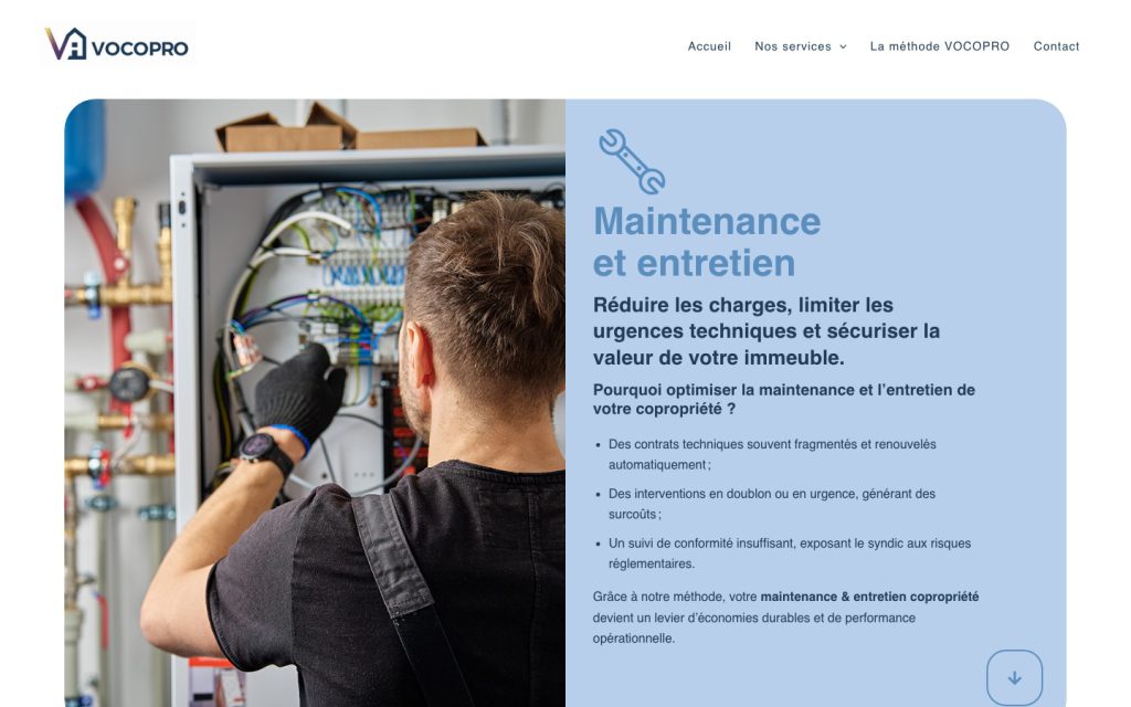Une page service du site Vocopro : contrats de maintenance et d'entretien