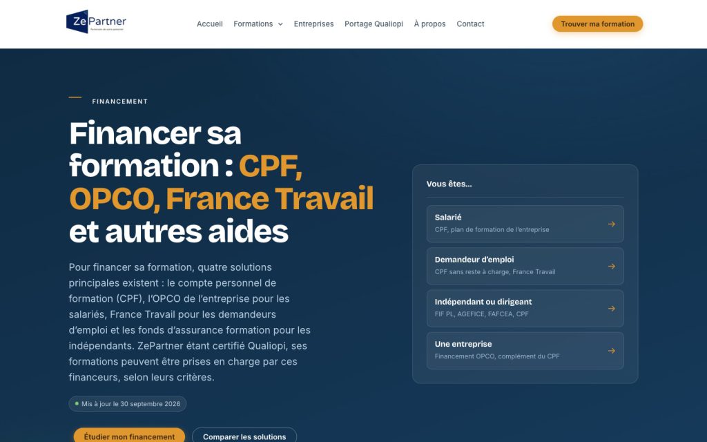 La page financement du nouveau site ZePartner