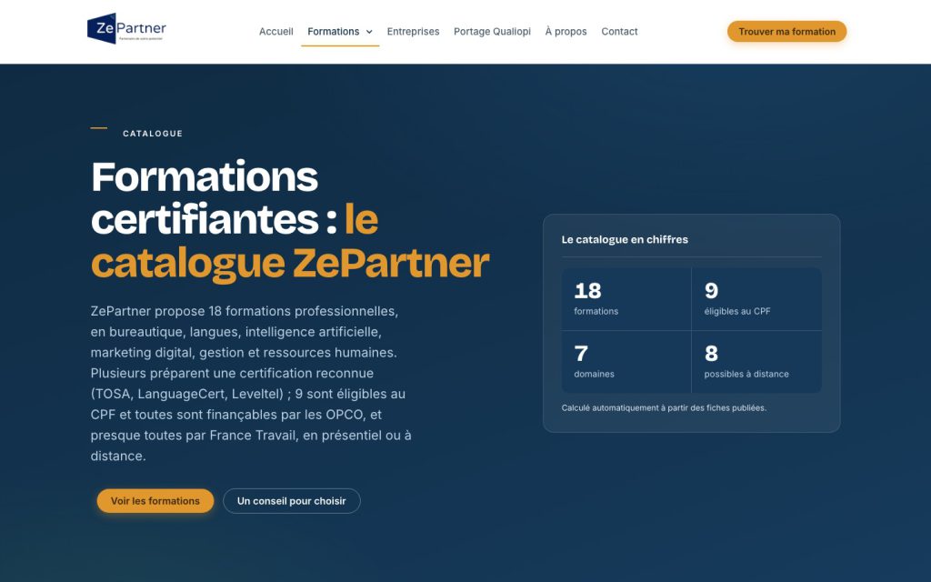 Le catalogue de formations du nouveau site ZePartner